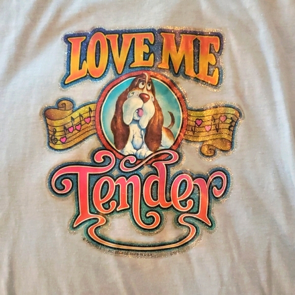 Vintage 1970s "Love Me Tender" glitter iron on hounddog tshirt - XL - Picture 1 of 6